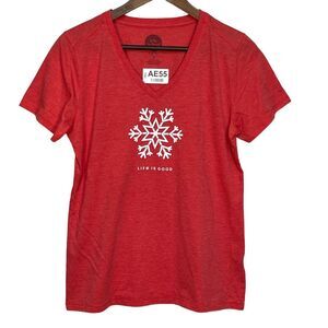 Life IS Good Crusher Graphic Tee Women Size‎ M Red Watercolor Snowflake V-Neck